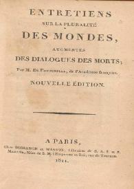 Portada:Entretiens sur la pluralité des mondes, augmentés des Dialogues des morts / par M. de Fontenelle