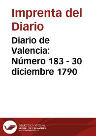 Portada:Diario de Valencia: Número 183 - 30 diciembre 1790