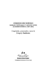Portada:Odiseos sin reposo. Mariano Picón-Salas y Alfonso Reyes (correspondencia 1927-1959) / compilación, presentación y notas de Gregory Zambrano