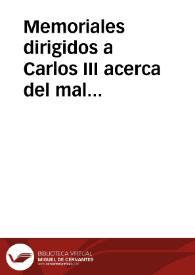 Portada:Memoriales dirigidos a Carlos III acerca del mal estado de la Hacienda y Comercio de España, su despoblación y remedios para subsanarlos 