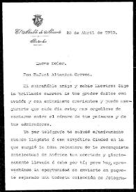 Portada:Carta de Luis Pérez Bueno a Rafael Altamira. Alicante, 23 de abril de 1910