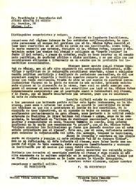 Portada:Carta de Manuel Vélez Ladrón de Guevara y Vicente Ruiz Penadés al Presidente del Ateneo Español de México