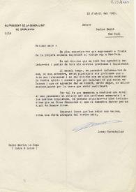 Portada:Carta de Josep Tarradellas a Carlos Esplá. Saint Martin le Beau, 22 de abril de 1960