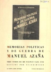 Portada:Memorias políticas y de guerra de Manuel Azaña. Folleto con introducción de Rivas Cherif