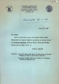 Portada:Carta del Hispanic Institute in the United States a Carlos Esplá. 23 January 1958