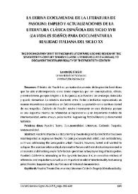 Portada:La deriva documental de la literatura de Pasolini: empleo y actualizaciones de la literatura clásica española del siglo XVII ("La vida es sueño") para documental la realidad italiana del siglo XX / Loreta de Stasio