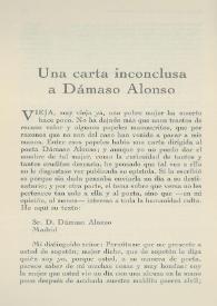 Portada:Una carta inconclusa a Dámaso Alonso / Pedro Laín Entralgo