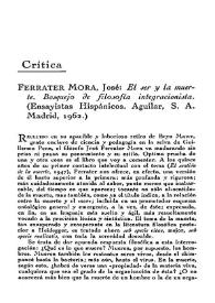 Portada:J. Ferrater Mora: \"El ser y la muerte. Bosquejo de filosofía integracionista\". (Ensayistas Hispánicos. Aguilar, S. A., Madrid, 1962) / Pedro Laín Entralgo