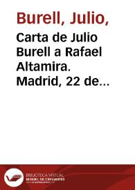 Portada:Carta de Julio Burell a Rafael Altamira. Madrid, 22 de septiembre de 1910