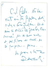 Portada:Carta de Rafael Alberti a Camilo José Cela. Roma, noviembre de 1966
