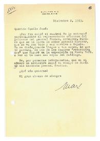 Portada:Carta de Max Aub a Camilo José Cela. México, 2 de diciembre de 1963
