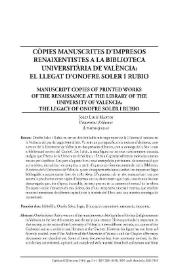 Portada:Còpies manuscrites d’impresos renaixentistes a la Biblioteca Universitària de València: el llegat d’Onofre Soler i Rubio / Josep Lluís Martos Sánchez