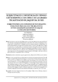 Portada:Subjectivació i inferència en l'evolució semàntica i en l'inici de la gramaticalització de "jaquir" (segles xi-xii) / Josep Martines, Sandra Montserrat