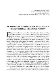 Portada:El Premio de Investigación Humanística “Real Sociedad Menéndez Pelayo” / Ramón Emilio Mandado Gutiérrez