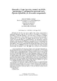 Portada:Quevedo y Lope (poesía y teatro) en 1609: patriotismo y construcción nacional en \"La España defendida\" y \"La Jerusalén conquistada\" / Antonio Sánchez Jiménez