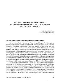 Portada:Entre clasicismo y vanguardia: el compromiso poético en los autores de los años ochenta / Luis Bagué Quílez