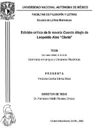Portada:Edición crítica de la novela \"Cuesta abajo\" de Leopoldo Alas \"Clarín\" / Viridiana Cecilia Gálvez Mata ; director de tesis Fernando Adolfo Morales Orozco
