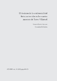 Portada:El destierro de la sentimentalidad lírica aurisecular en los sonetos amorosos de Torres Villarroel  / Ignacio García Aguilar