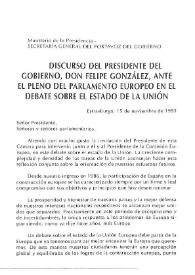 Portada:Discurso del Presidente del Gobierno, don Felipe González, ante el pleno del Parlamento Europeo en el debate sobre el estado de la Unión. Estrasburgo, 15 de noviembre de 1995