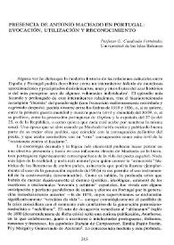 Portada:Presencia de Antonio Machado en Portugal: evocación, utilización y reconocimiento / Perfecto E. Cuadrado Fernández