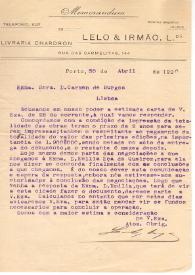 Portada:Carta de la Livraria Chardron de Lelo & Irmão a Carmen de Burgos. Porto, 30 de abril de 1920