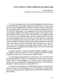 Portada:Dos palabras y media sobre Miguel Hernández / José Saramago