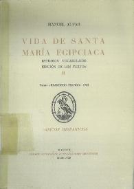 Portada:Vida de Santa María Egipciaca : estudios, vocabulario, edición de los textos. Tomo II / Manuel Alvar