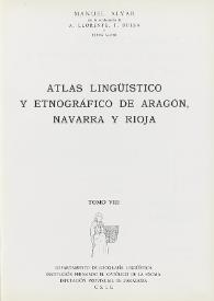 Portada:Atlas lingüístico y etnográfico de Aragón, Navarra y Rioja. Tomo VIII / Redactado por Manuel Alvar ; con la colaboración de A. Llorente, T. Buesa y Elena Alvar