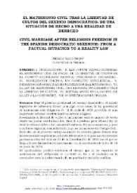 Portada:El matrimonio civil tras la libertad de cultos del sexenio democrático: de una situación de hecho a una realidad de derecho / Mónica Soria Moya