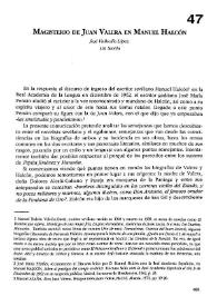 Portada:Magisterio de don Juan Valera en Manuel Halcón  / José Vallecillo López