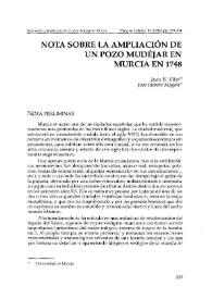 Portada:Nota sobre la ampliación de un pozo mudéjar en Murcia en 1748 / Juan Bautista Vilar Ramírez, José Iniesta Magán
